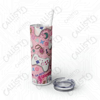 20oz Pink Girl Gamer Skinny Tumbler with Straw - Stylish Drinkware for Gaming Enthusiasts