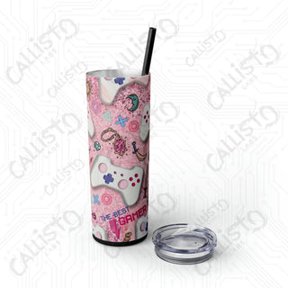 20oz Pink Girl Gamer Skinny Tumbler with Straw - Stylish Drinkware for Gaming Enthusiasts