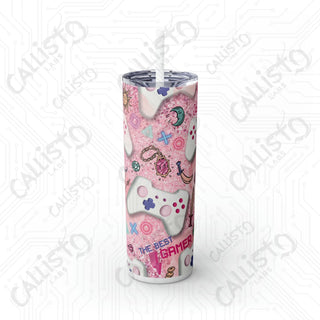 20oz Pink Girl Gamer Skinny Tumbler with Straw - Stylish Drinkware for Gaming Enthusiasts