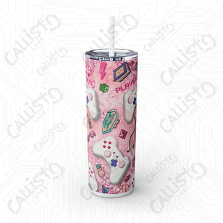 20oz Pink Girl Gamer Skinny Tumbler with Straw - Stylish Drinkware for Gaming Enthusiasts