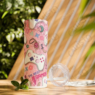 20oz Pink Girl Gamer Skinny Tumbler with Straw - Stylish Drinkware for Gaming Enthusiasts - Glossy / White / 20oz