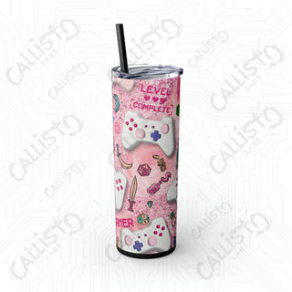 20oz Pink Girl Gamer Skinny Tumbler with Straw - Stylish Drinkware for Gaming Enthusiasts