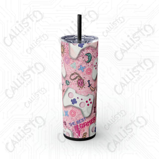 20oz Pink Girl Gamer Skinny Tumbler with Straw - Stylish Drinkware for Gaming Enthusiasts