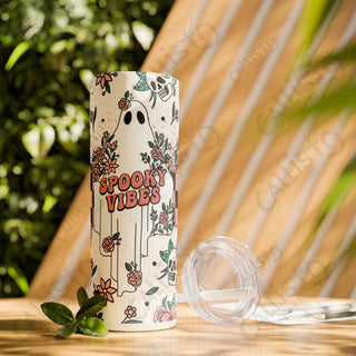 20oz Spooky Vibes Skinny Tumbler with Straw - Chic and Haunting Drinkware for Every Occasion - Glossy / White / 20oz