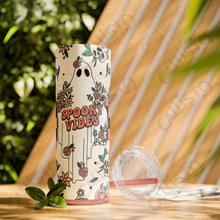 20oz Spooky Vibes Skinny Tumbler with Straw - Chic and Haunting Drinkware for Every Occasion - Glossy / Glitter Dusty