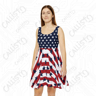 Women’s 4th of July American Skater Dress - USA Patriotic Independence Day Dress with Flag and Stars Design - XS