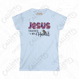 Women’s Softstyle Tee ’Jesus Touched My Heart’ with Floral Design Inspirational Christian Shirt for Women - Light