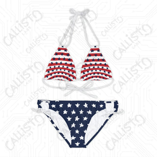 Women’s July 4th Strappy Bikini - American Flag Design with Stars and Stripes: Perfect Patriotic Swimwear for