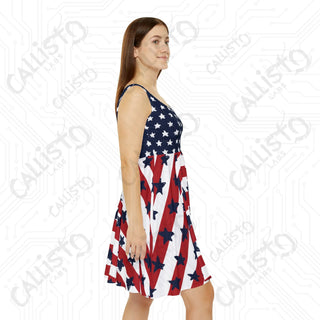 Women’s 4th of July American Skater Dress - USA Patriotic Independence Day Dress with Flag and Stars Design - All