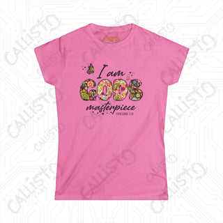 Women’s Softstyle Tee ’I Am God’s Masterpiece’ Ephesians 2:10 with Floral Design Inspirational Christian Shirt