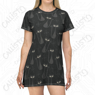 Women’s Gothic T-Shirt Dress - Black Cat Design: Dark and Stylish Apparel for Alternative Fashion Enthusiasts - XS