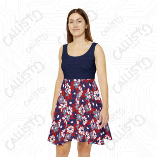 Women’s Patriotic Skater Dress - July 4th Independence Day USA Dress with Retro Floral Design - XS - All Over Prints