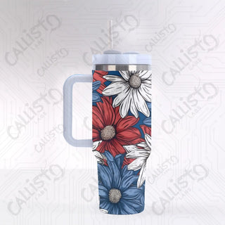 40 oz Stainless Steel Insulated Tumbler Red White and Blue Patriotic Floral with Leak-Proof Lid Straw & Handle