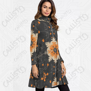 Women’s High Neck Long Sleeve Black Dress with Flattering Orange Design