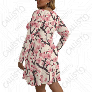 Women’s V-neck Long Sleeve Dress Pink with Pink Cherry Blossom Design - L