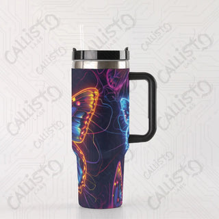 40 oz Stainless Steel Insulated Tumbler Neon Butterfly Design with Leak-Proof Lid Straw & Handle