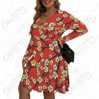 Women’s V-neck Long Sleeve Dress Red with White Cherry Blossom Design