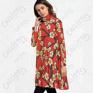 Women’s High Neck Long Sleeve Red Dress with Flattering Cherry Blossom Design