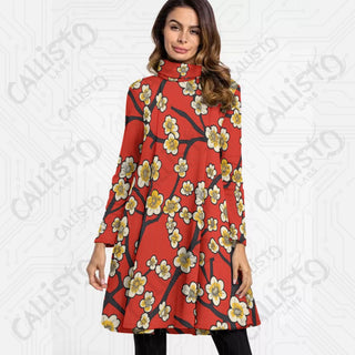 Women’s High Neck Long Sleeve Red Dress with Flattering Cherry Blossom Design