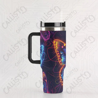 40 oz Stainless Steel Insulated Tumbler Neon Butterfly Design with Leak-Proof Lid Straw & Handle