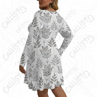 Women’s V-neck Long Sleeve Dress White with Elegant Leaf Design