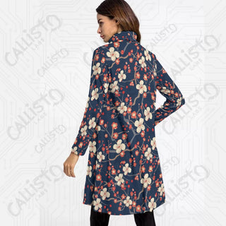 Women’s High Neck Dress With Long Sleeve Navy Dress with Cherry Blossom Design