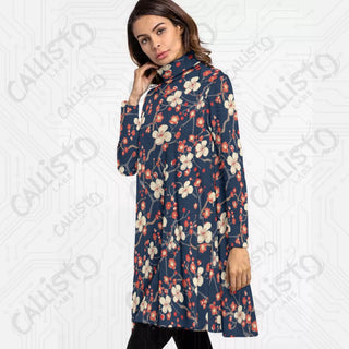 Women’s High Neck Dress With Long Sleeve Navy Dress with Cherry Blossom Design