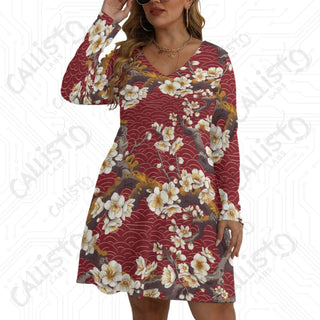 Women’s V-neck Long Sleeve Dress Red with Cherry Blossom Design - L