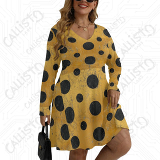 Women’s V-neck Long Sleeve Dress Yellow with Black Polka Dot Design