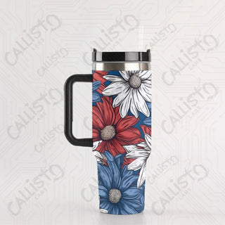 40 oz Stainless Steel Insulated Tumbler Red White and Blue Patriotic Floral with Leak-Proof Lid Straw & Handle