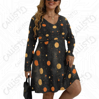 Women’s V-neck Long Sleeve Dress Distressed Black with Orange Polka Dots