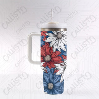 40 oz Stainless Steel Insulated Tumbler Red White and Blue Patriotic Floral with Leak-Proof Lid Straw & Handle