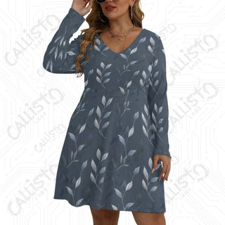 Women’s V-neck Long Sleeve Dress Gray with Elegant Leaf Design