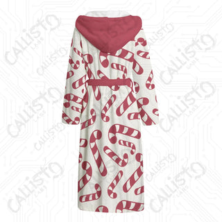 Candy Cane Peppermint Pattern Hooded Bathrobe | Festive Unisex Flannel Holiday Loungewear