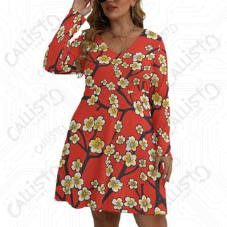 Women’s V-neck Long Sleeve Dress Red with White Cherry Blossom Design - L