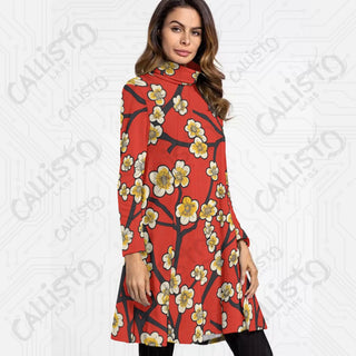 Women’s High Neck Long Sleeve Red Dress with Flattering Cherry Blossom Design