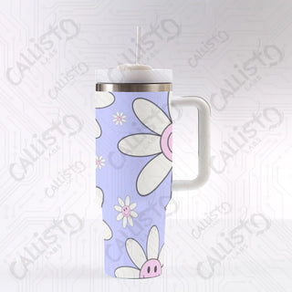 40 oz Stainless Steel Insulated Tumbler Happy Retro Floral Flower Power Tumbler with Leak-Proof Lid Straw & Handle