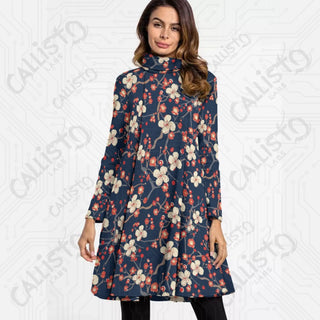 Women’s High Neck Dress With Long Sleeve Navy Dress with Cherry Blossom Design