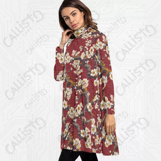 Women’s High Neck Dress With Long Sleeve Red with Cherry Blossom Design