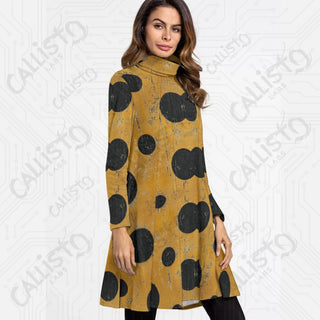 Women’s High Neck Dress With Long Sleeve Yellow Dress with Polka Dot Design - S