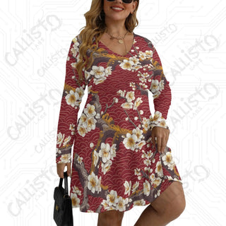 Women’s V-neck Long Sleeve Dress Red with Cherry Blossom Design