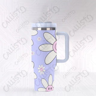 40 oz Stainless Steel Insulated Tumbler Happy Retro Floral Flower Power Tumbler with Leak-Proof Lid Straw & Handle