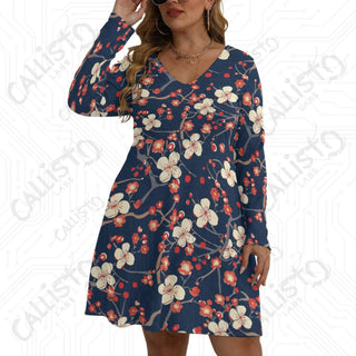 Women’s V-neck Long Sleeve Dress Navy with Cherry Blossom Design - L