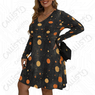 Women’s V-neck Long Sleeve Dress Distressed Black with Orange Polka Dots