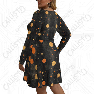 Women’s V-neck Long Sleeve Dress Distressed Black with Orange Polka Dots - L