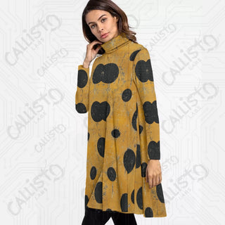 Women’s High Neck Dress With Long Sleeve Yellow Dress with Polka Dot Design