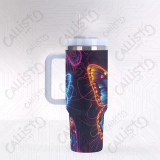 40 oz Stainless Steel Insulated Tumbler Neon Butterfly Design with Leak-Proof Lid Straw & Handle