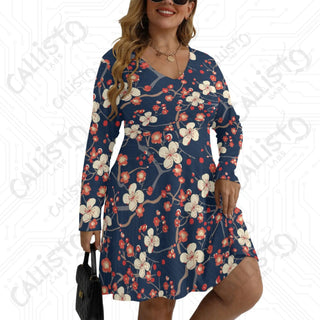 Women’s V-neck Long Sleeve Dress Navy with Cherry Blossom Design