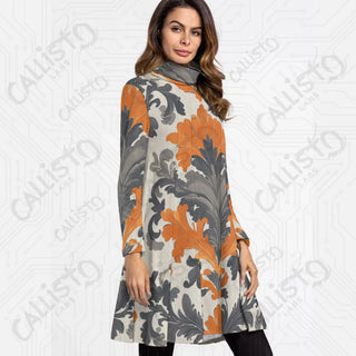 Women’s High Neck Long Sleeve Dress with Orange and Grey Design