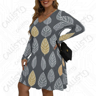 Women’s V-neck Long Sleeve Dress with Multi-color Leaf Design